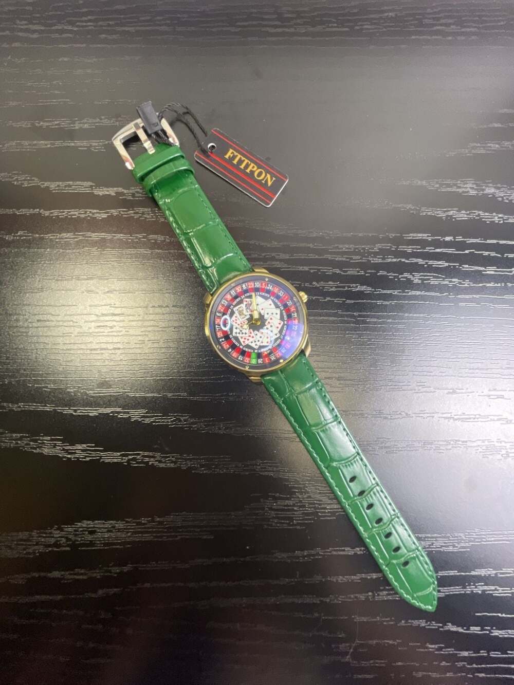 FTTPON Roulette Playing Cards Dial Green Leather Watch